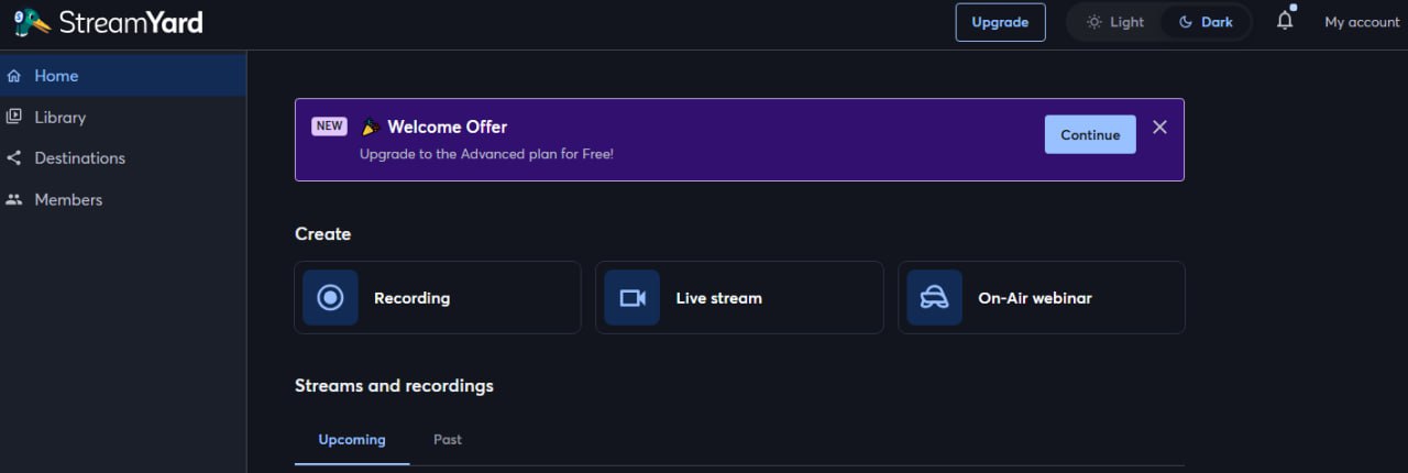 StreamYard dashboard
